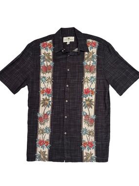 Men's Black Hawaiian Camp Shirt with Floral Panels Island Shores S